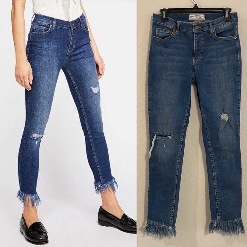 Free People Women’s 28W Skinny Great Heights Frayed Jeans Blue Cotton High Waist